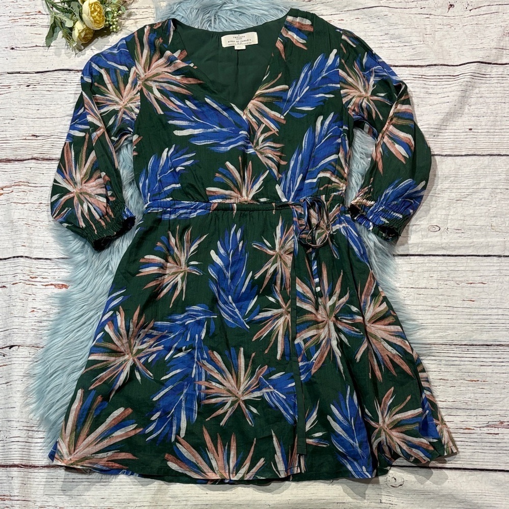 Trovata Birds of Paradis Green Floral Tie Waist Mini Dress